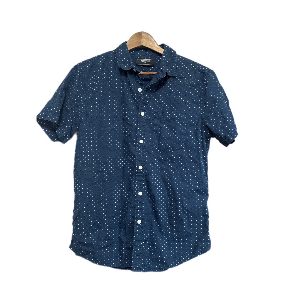 Forever 21 Button Down Shirt Mens Small Navy Blue‎ Excellent Polka Dot Cotton